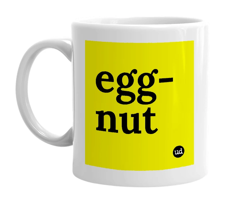 White mug with 'egg-nut' in bold black letters