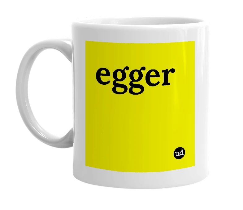 White mug with 'egger' in bold black letters