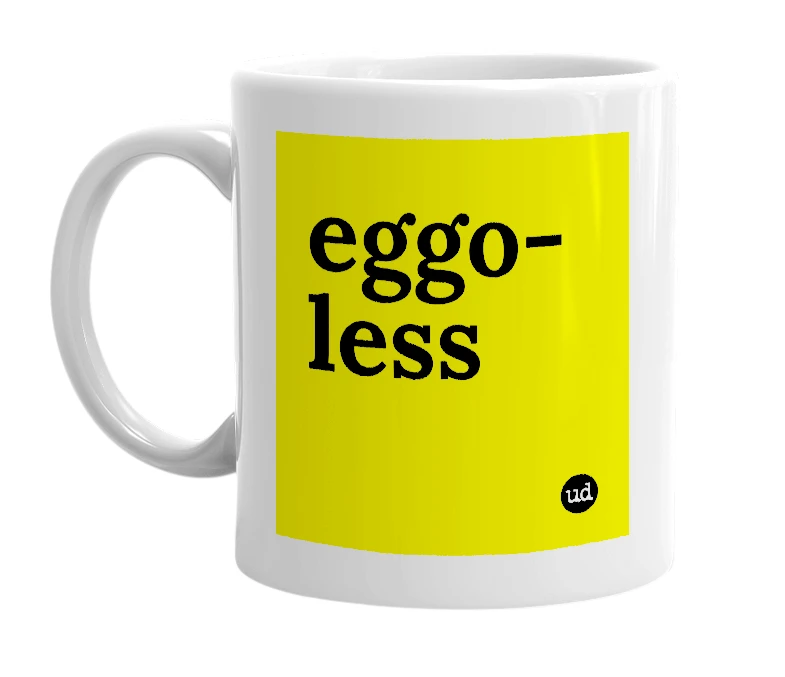 White mug with 'eggo-less' in bold black letters