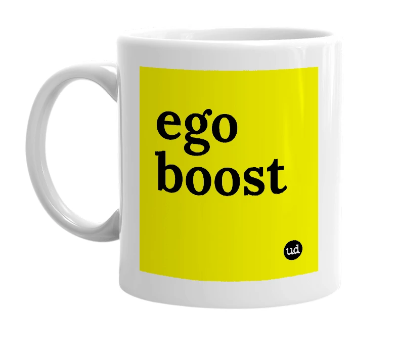 White mug with 'ego boost' in bold black letters