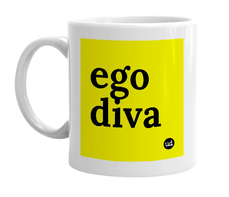 White mug with 'ego diva' in bold black letters
