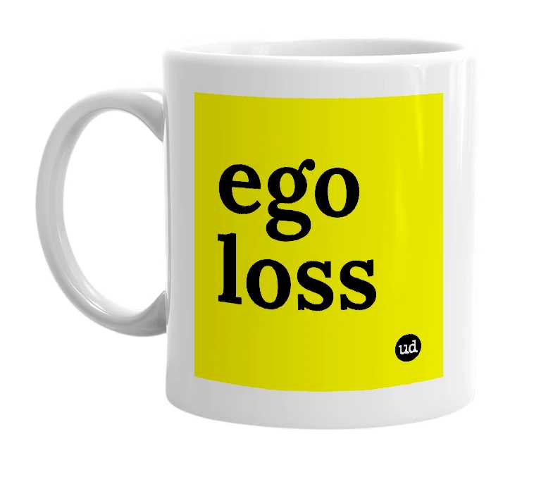 White mug with 'ego loss' in bold black letters