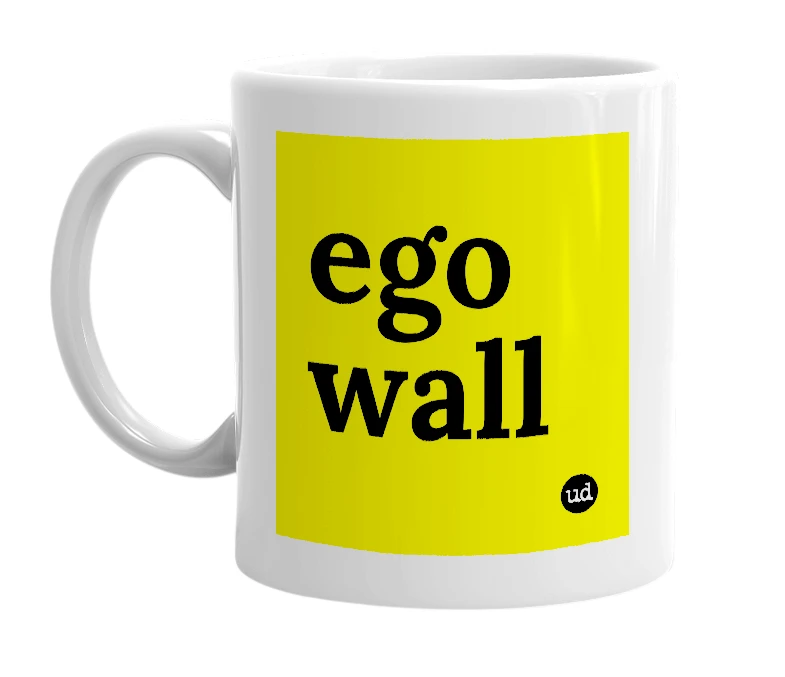 White mug with 'ego wall' in bold black letters