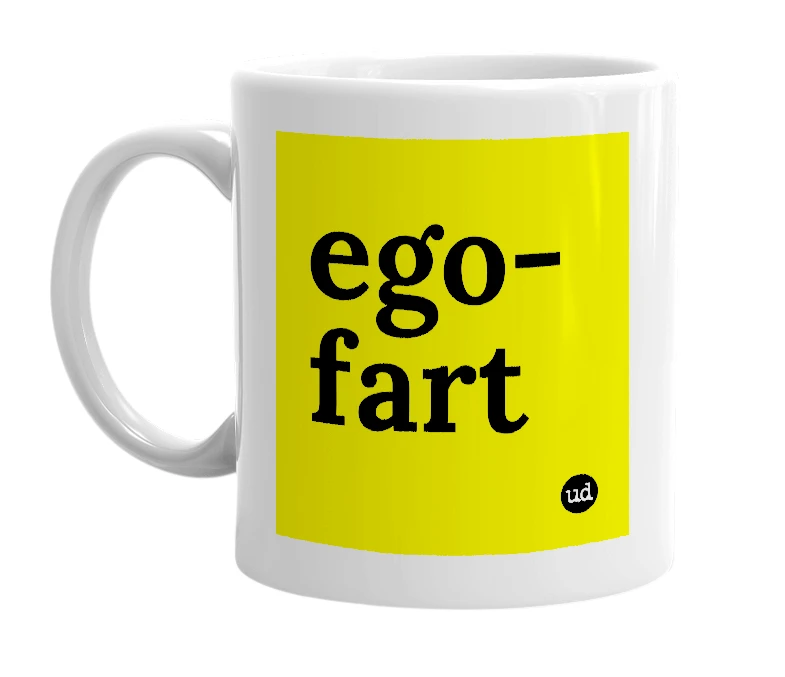 White mug with 'ego-fart' in bold black letters