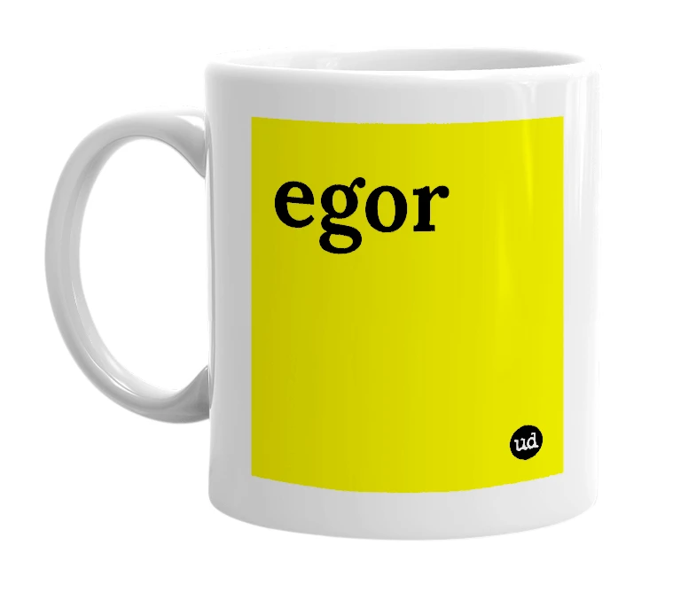 White mug with 'egor' in bold black letters