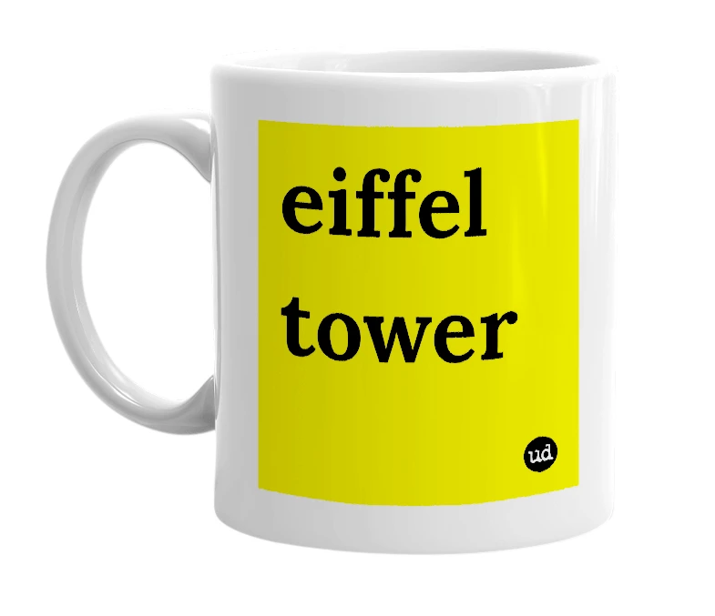 White mug with 'eiffel tower' in bold black letters
