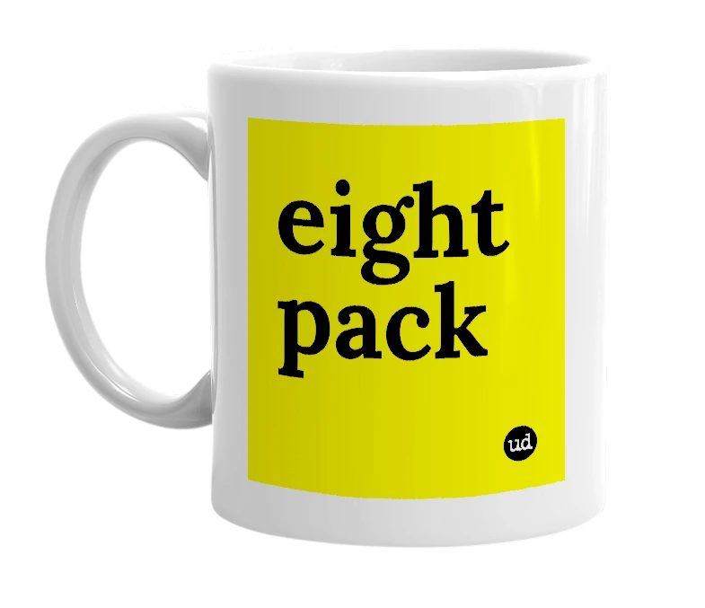 White mug with 'eight pack' in bold black letters