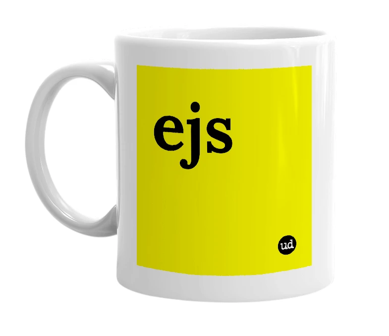 White mug with 'ejs' in bold black letters