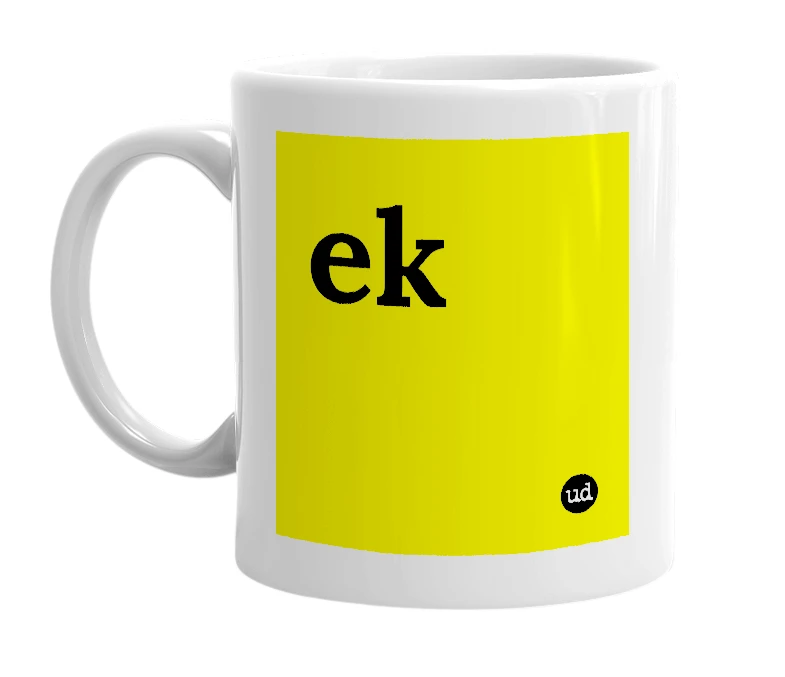 White mug with 'ek' in bold black letters