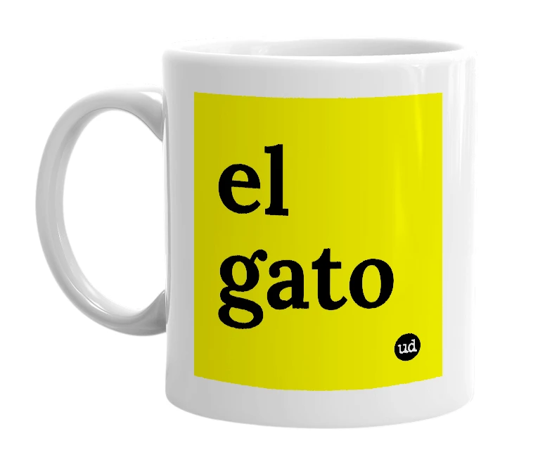 White mug with 'el gato' in bold black letters