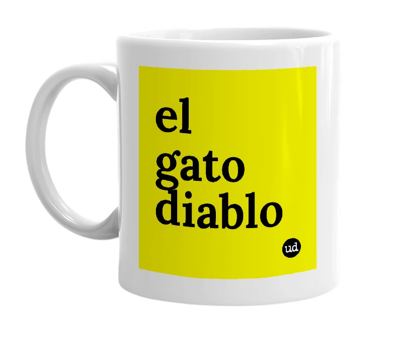 White mug with 'el gato diablo' in bold black letters