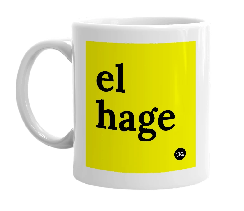 White mug with 'el hage' in bold black letters