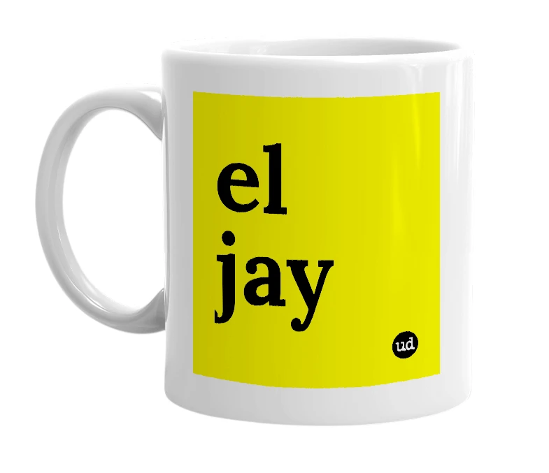 White mug with 'el jay' in bold black letters