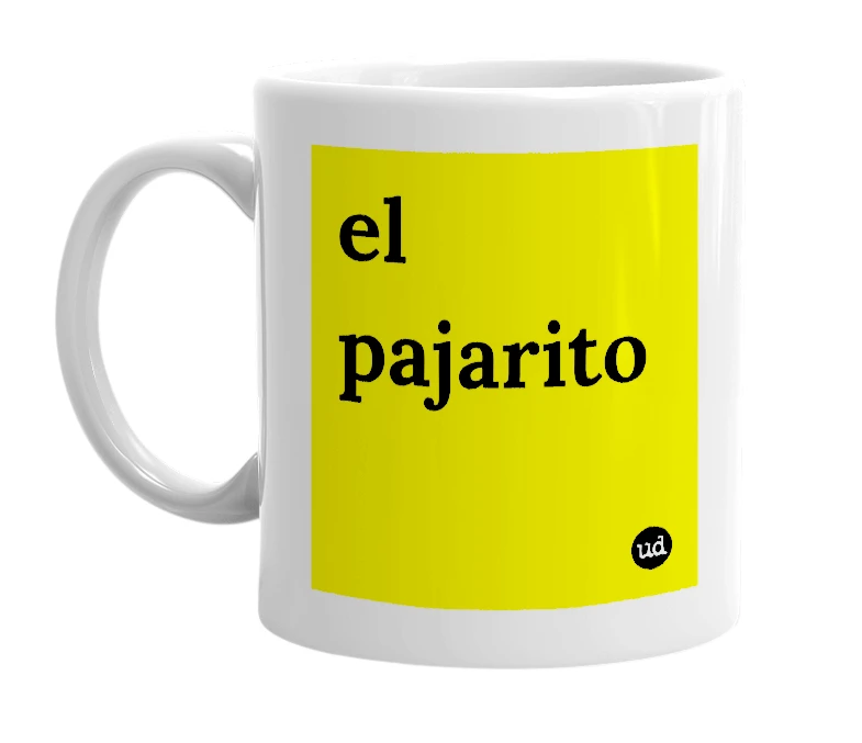 White mug with 'el pajarito' in bold black letters