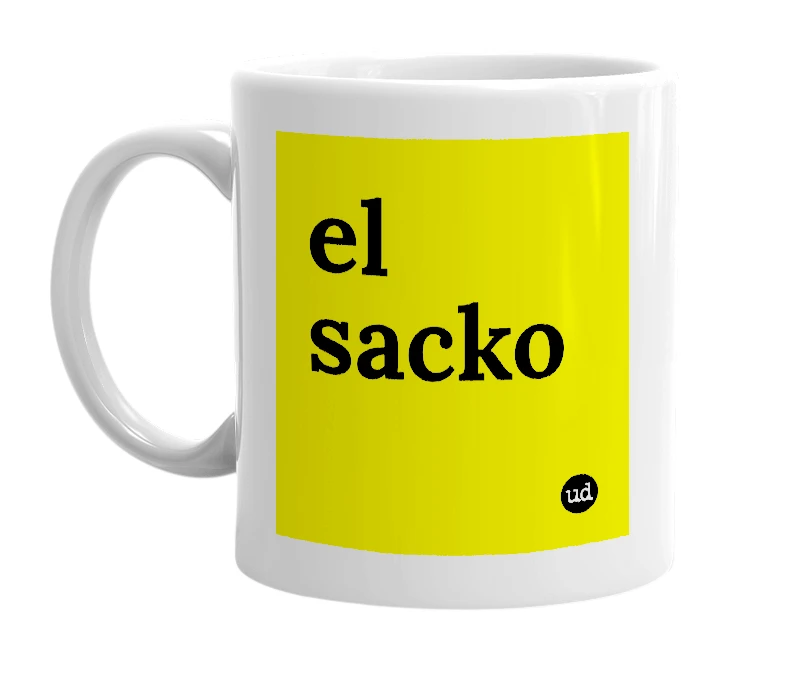 White mug with 'el sacko' in bold black letters