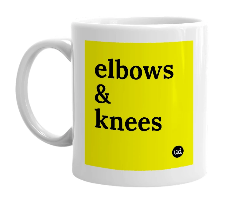 White mug with 'elbows & knees' in bold black letters