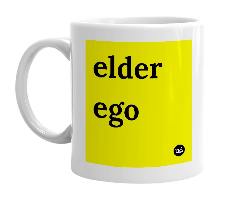 White mug with 'elder ego' in bold black letters