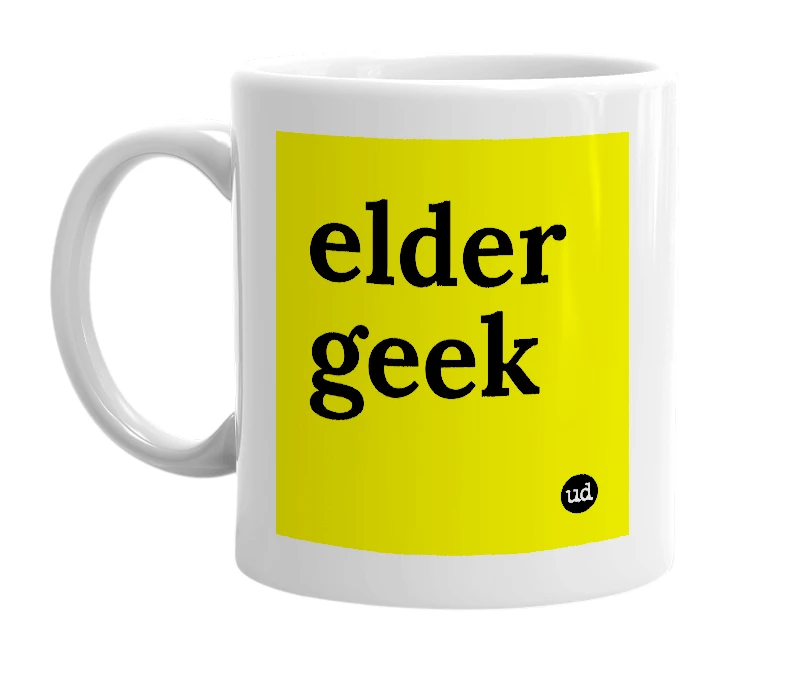 White mug with 'elder geek' in bold black letters