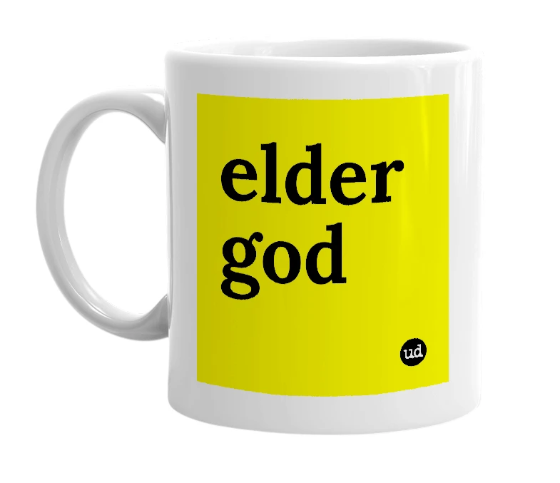 White mug with 'elder god' in bold black letters