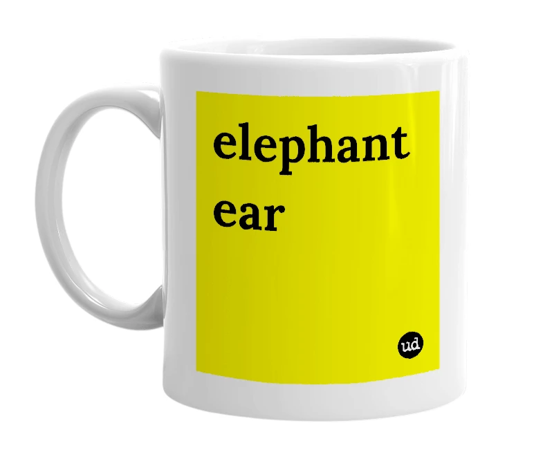 White mug with 'elephant ear' in bold black letters