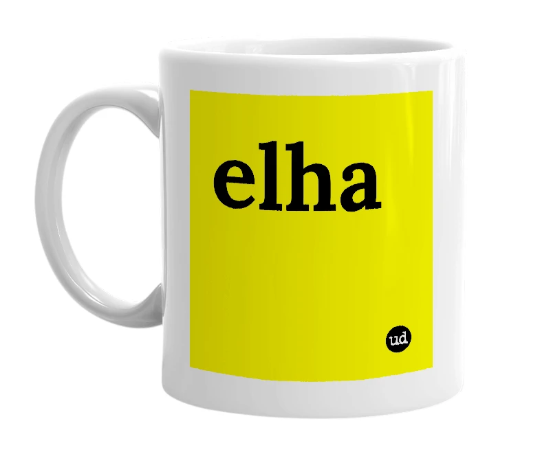 White mug with 'elha' in bold black letters