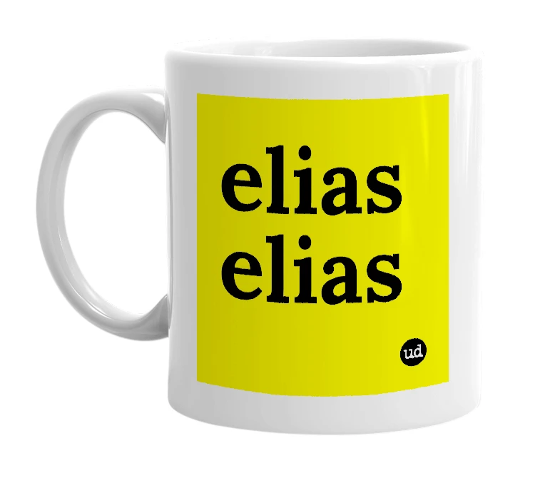 White mug with 'elias elias' in bold black letters