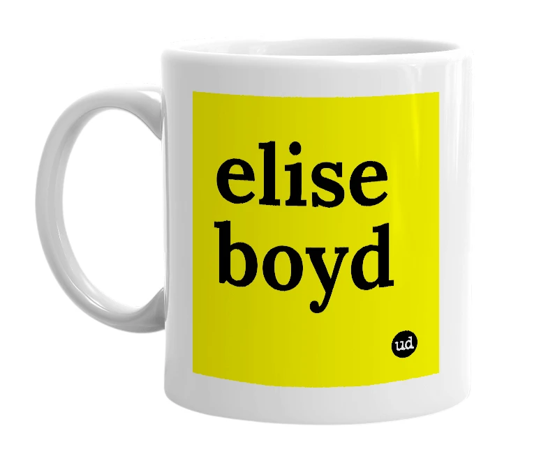 White mug with 'elise boyd' in bold black letters