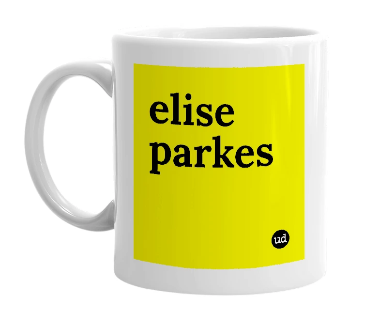 White mug with 'elise parkes' in bold black letters