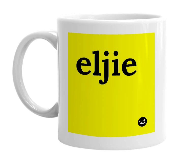 White mug with 'eljie' in bold black letters