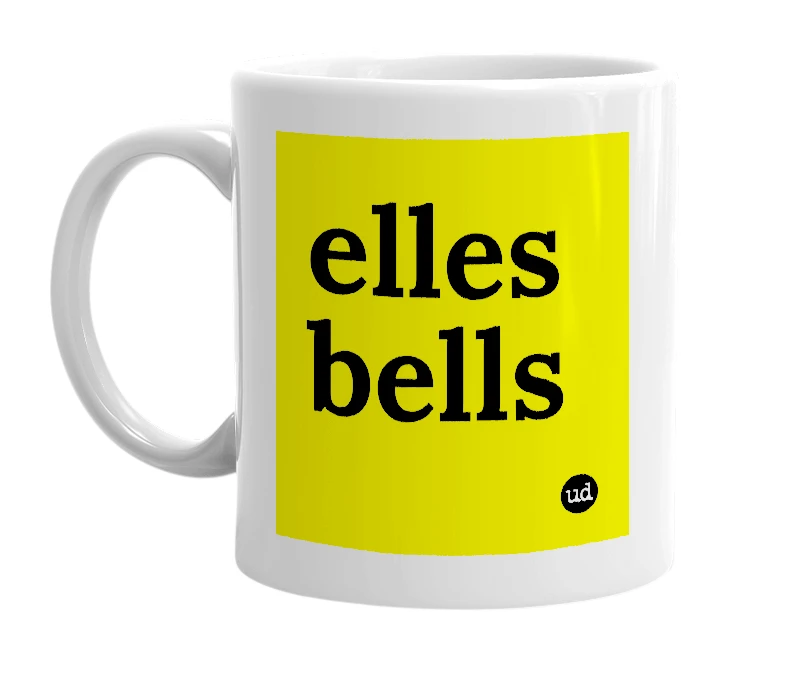 White mug with 'elles bells' in bold black letters