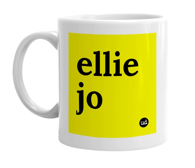 White mug with 'ellie jo' in bold black letters