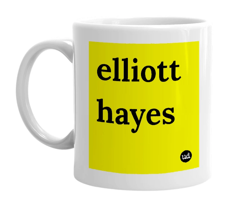 White mug with 'elliott hayes' in bold black letters