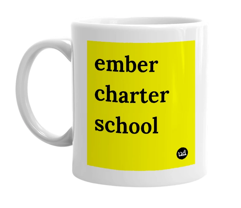 White mug with 'ember charter school' in bold black letters