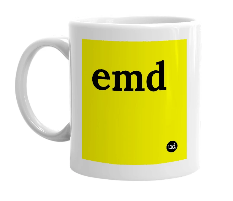 White mug with 'emd' in bold black letters