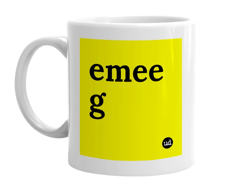 White mug with 'emee g' in bold black letters