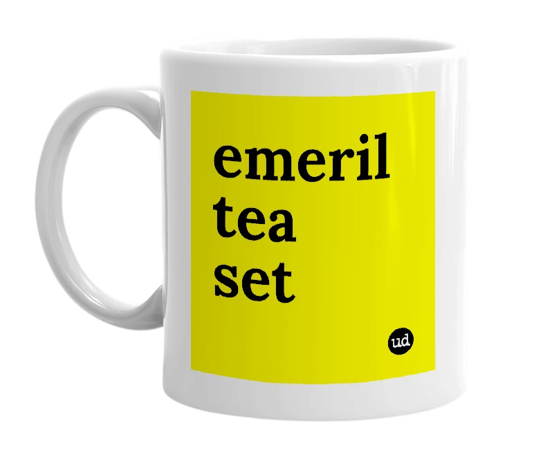 White mug with 'emeril tea set' in bold black letters