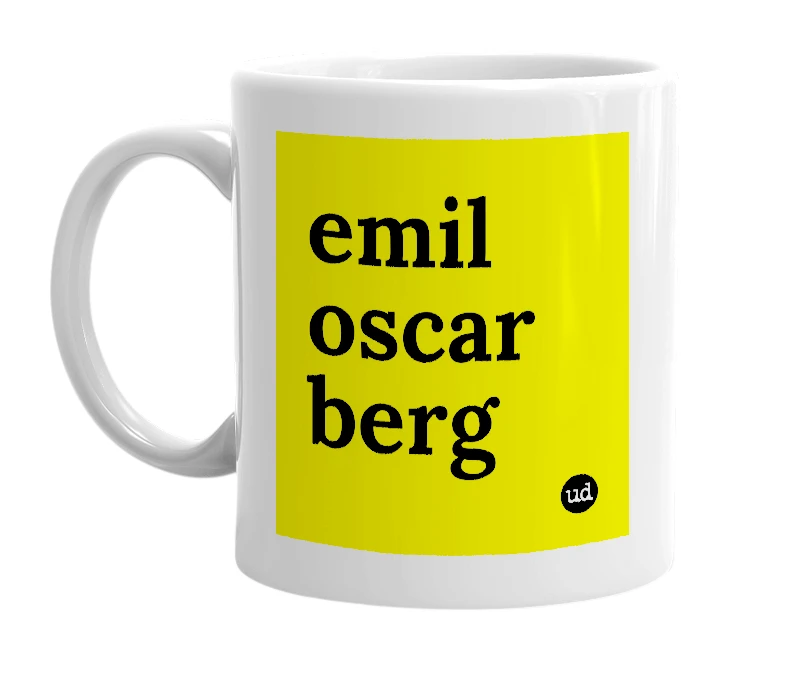 White mug with 'emil oscar berg' in bold black letters