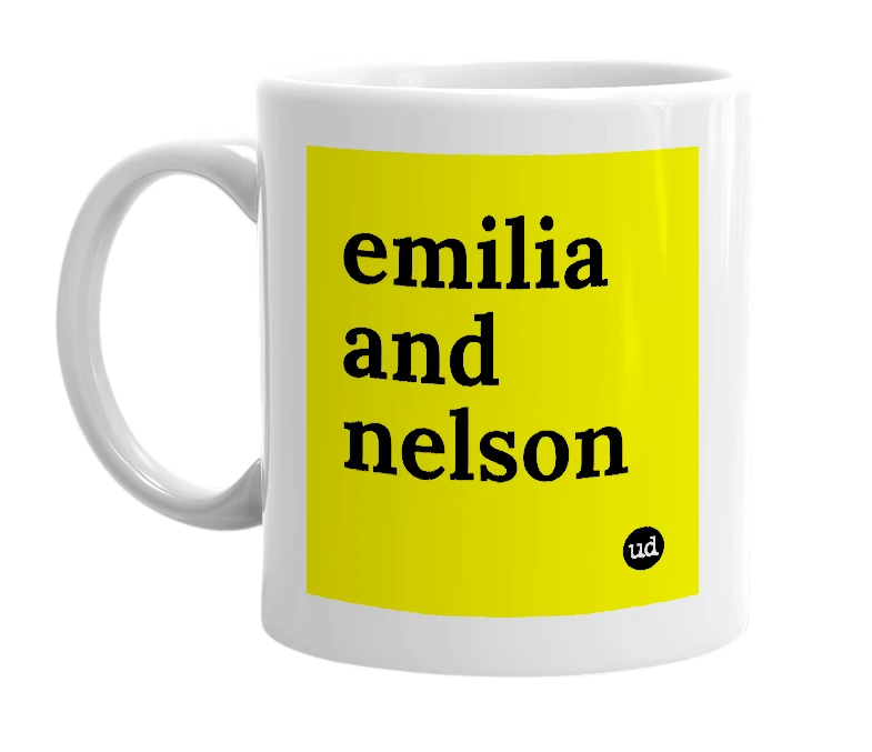 White mug with 'emilia and nelson' in bold black letters