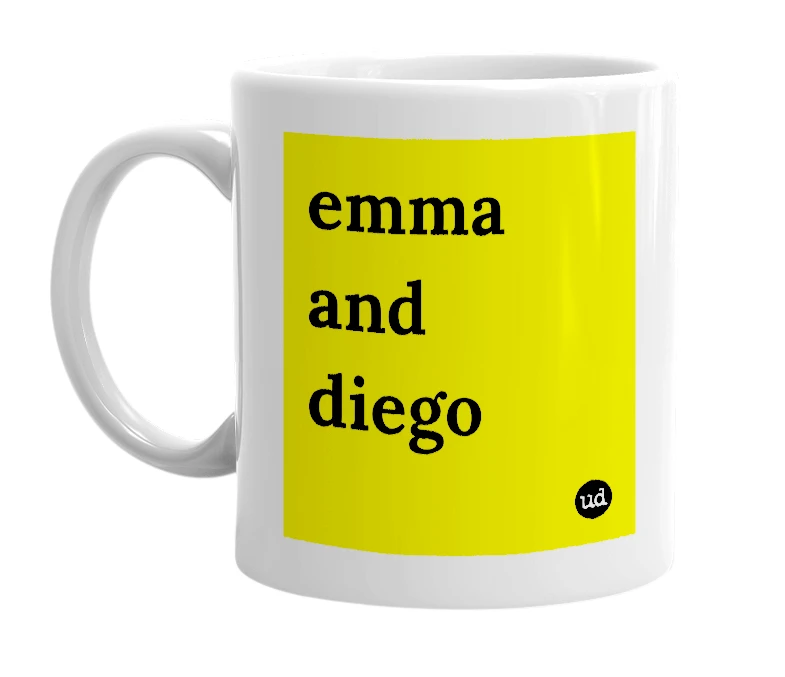 White mug with 'emma and diego' in bold black letters