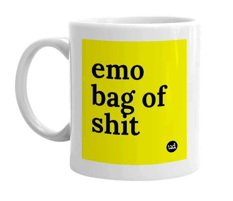 White mug with 'emo bag of shit' in bold black letters