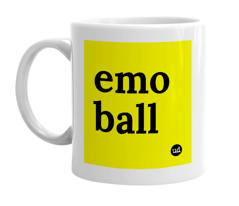 White mug with 'emo ball' in bold black letters