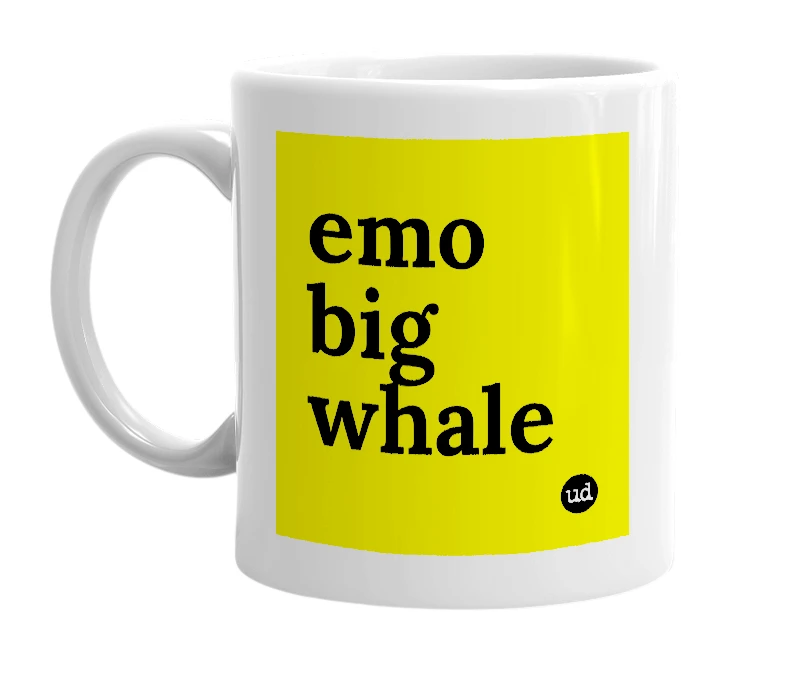 White mug with 'emo big whale' in bold black letters