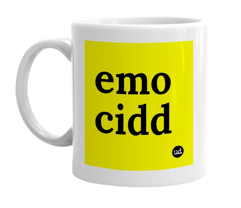 White mug with 'emo cidd' in bold black letters