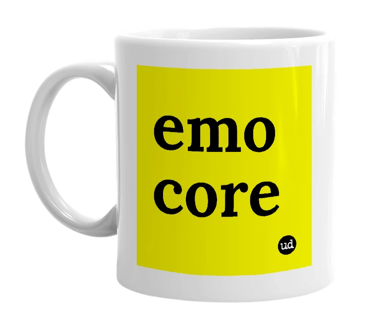 White mug with 'emo core' in bold black letters