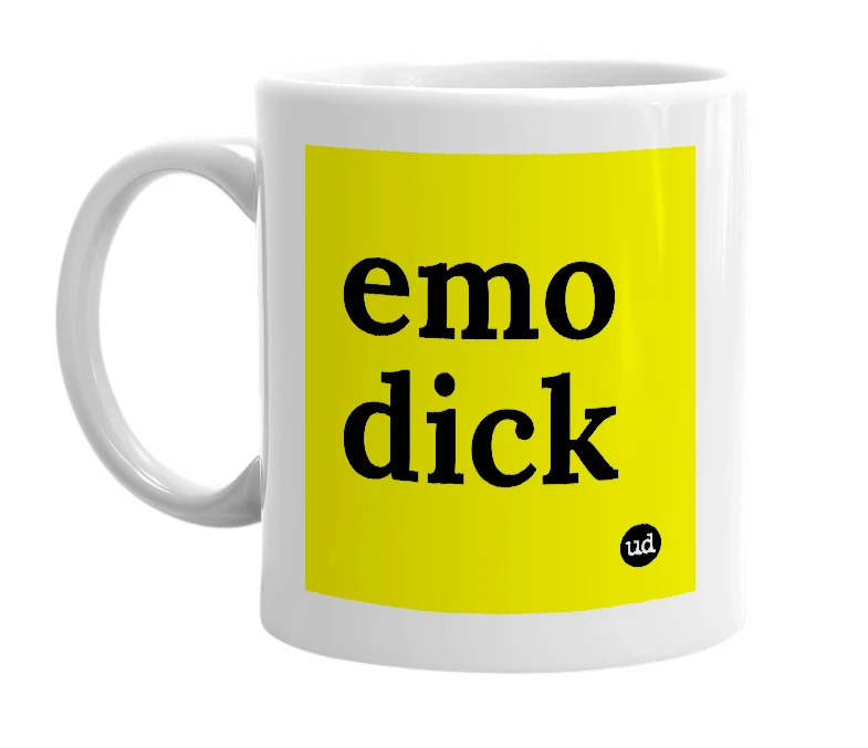 White mug with 'emo dick' in bold black letters
