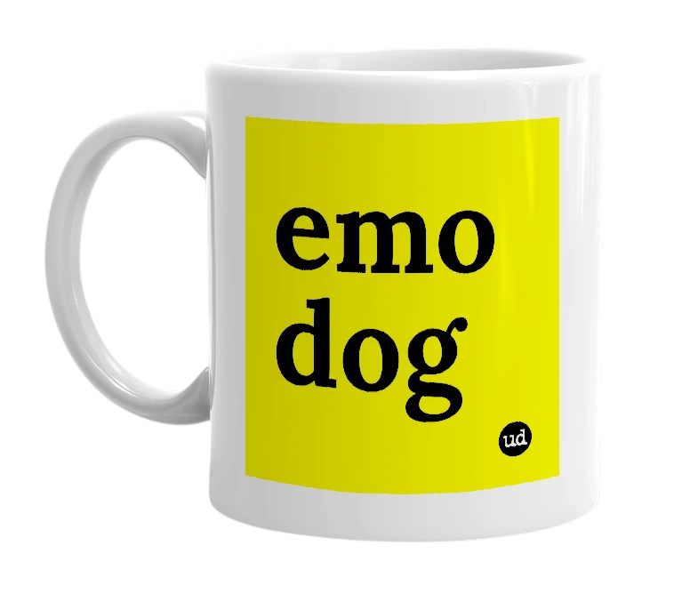 White mug with 'emo dog' in bold black letters