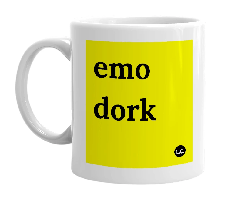 White mug with 'emo dork' in bold black letters