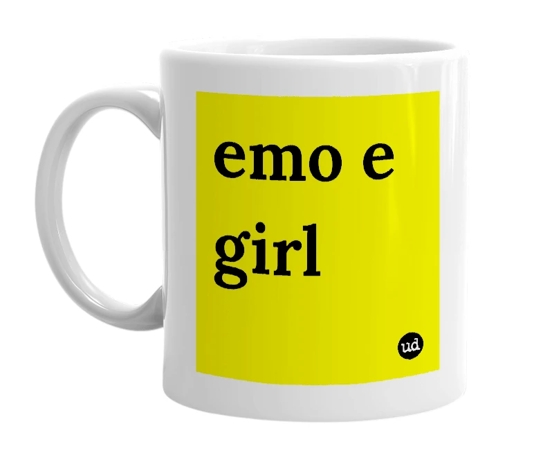 White mug with 'emo e girl' in bold black letters