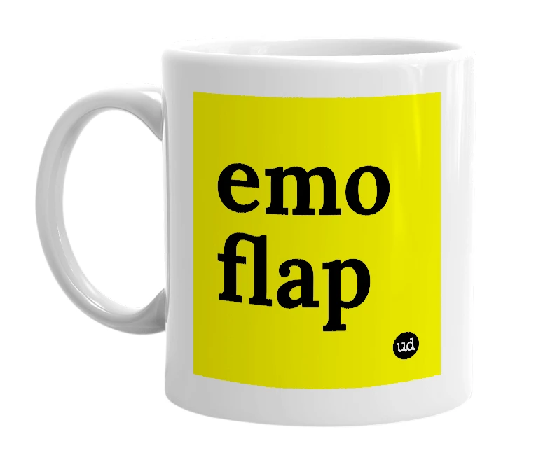 White mug with 'emo flap' in bold black letters