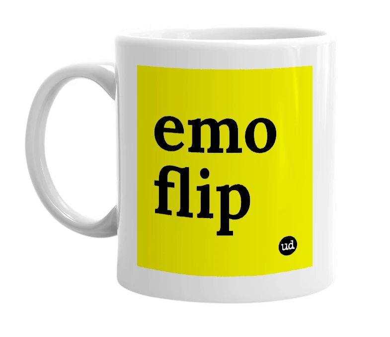 White mug with 'emo flip' in bold black letters
